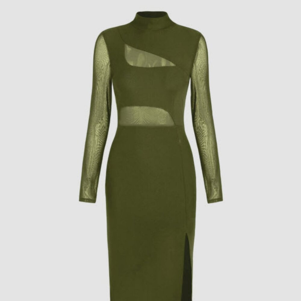 Cider Olive Green Long Sleeve Cutout Midi Dress